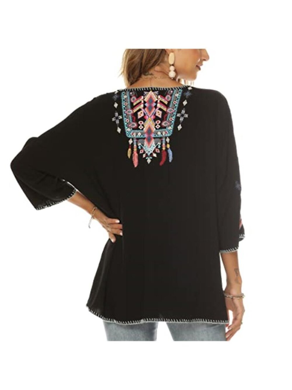 Women's Mexican Embroidered Shirt Bohemian 3/4 Sleeve Tunic Top - Picture 2 of 7